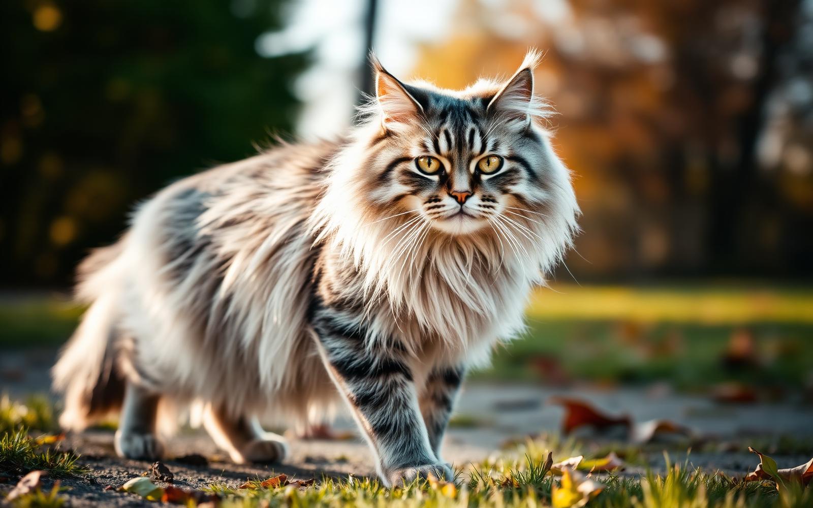 Maine Coon silver tabby en exterior